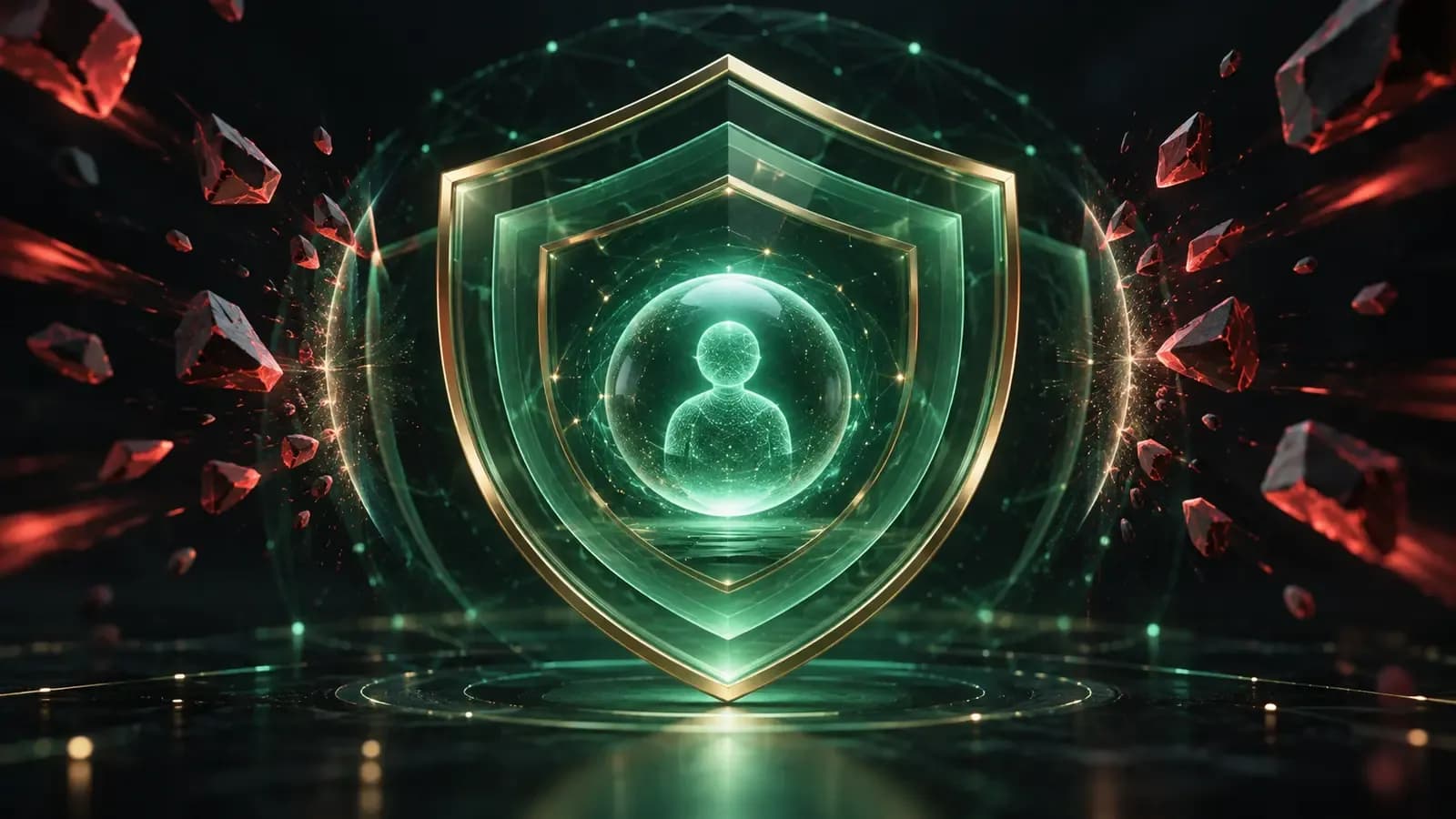 Layered cybersecurity shield blocking threats around a protected digital identity
