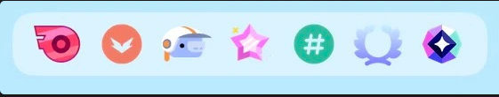 Discord Early Supporter account badge collection — shows 7 badges including Early Supporter, Nitro, HypeSquad Bravery, Bug Hunter Level 2, Server Booster, Active Developer, and Nitro Anniversary badges