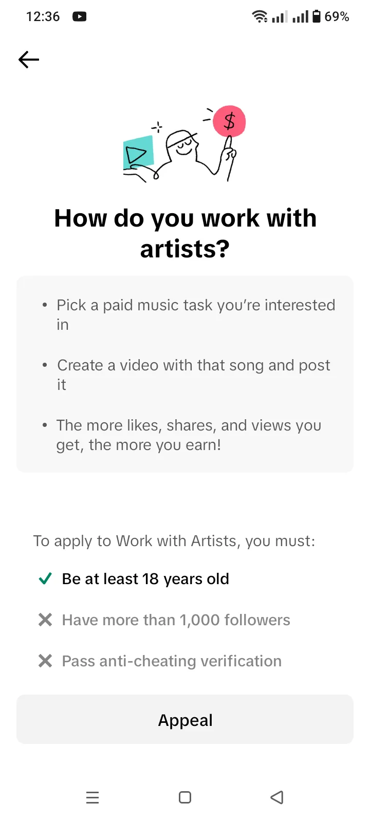 TikTok Work with Artists eligibility screen failing the 1,000-follower and anti-cheating verification checks