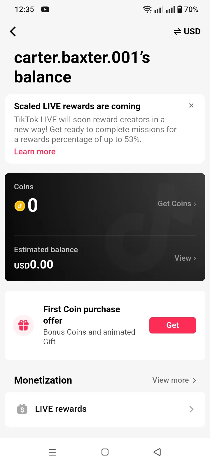 Seller-supplied TikTok account screenshot for carter.baxter.001 (5 of 6)