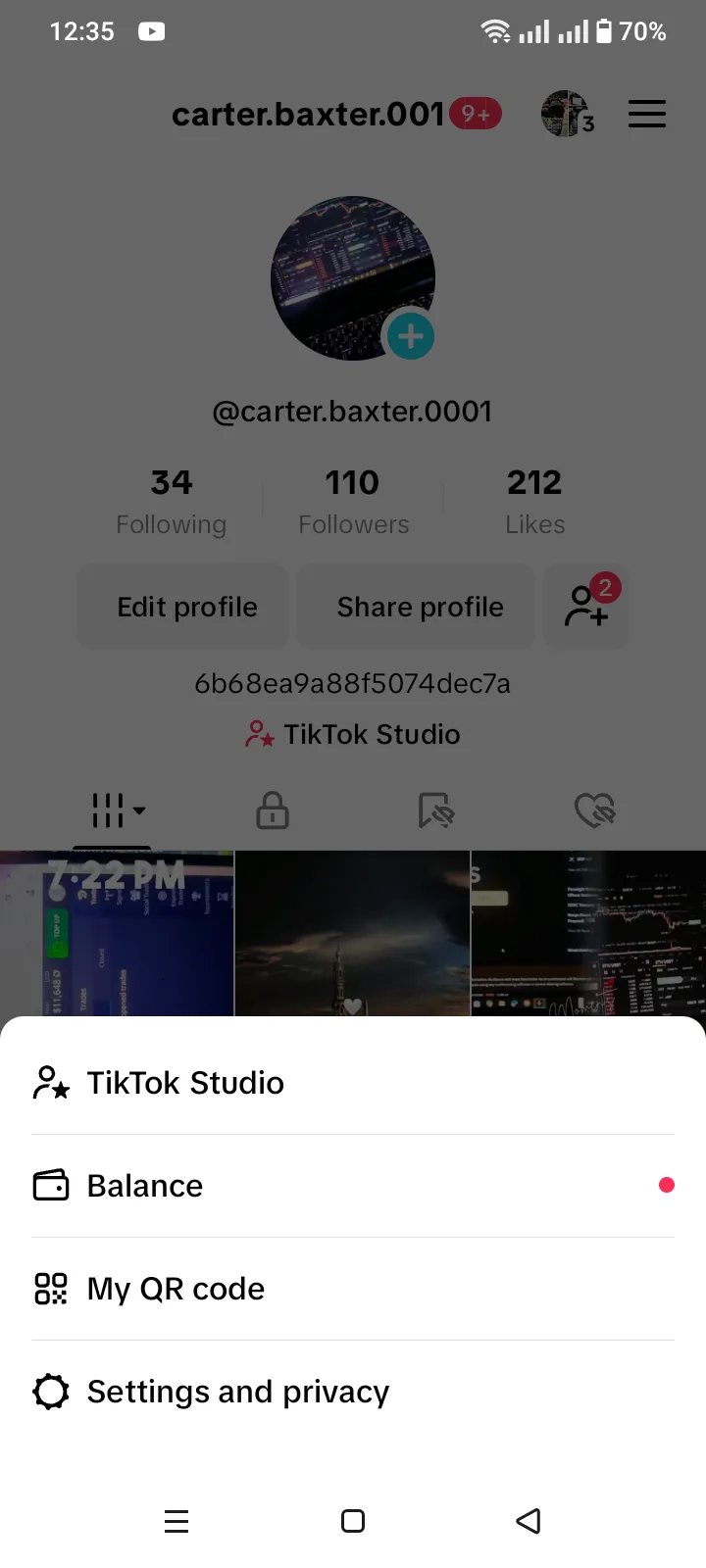 Seller-supplied TikTok account screenshot for carter.baxter.001 (6 of 6)