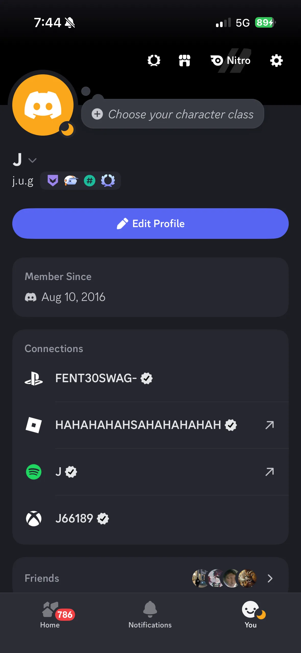 Discord mobile profile for j.u.g showing Member Since Aug 10 2016, four badges and linked PlayStation, Roblox, Spotify and Xbox connections