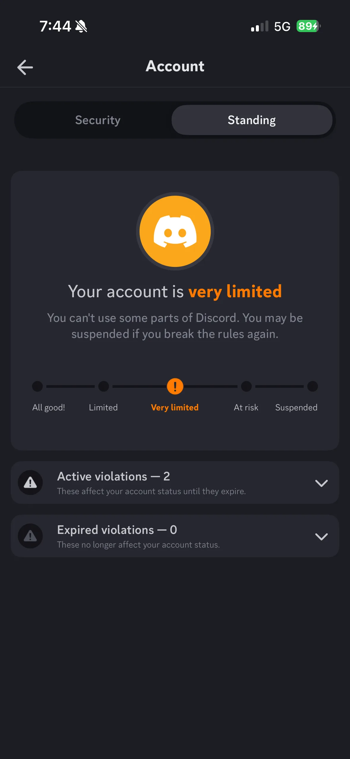 Discord Account Standing page reading 'Your account is very limited' with 2 active violations