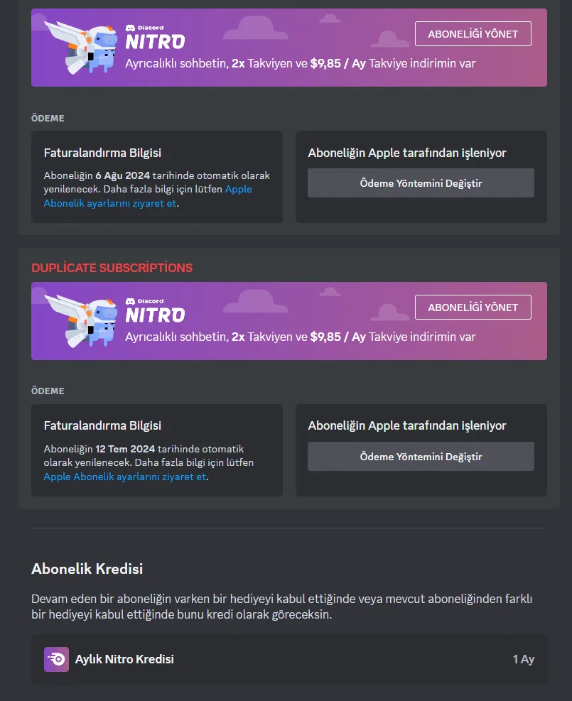 Discord subscriptions page showing Nitro at $9.85 per month billed through Apple, with a duplicate subscriptions section