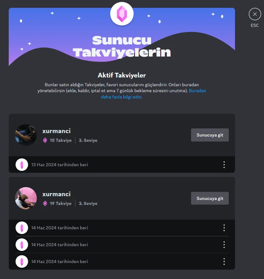 Discord server boosts page showing 15 and 19 active boosts on Level 3 servers named xurmanci since June 2024