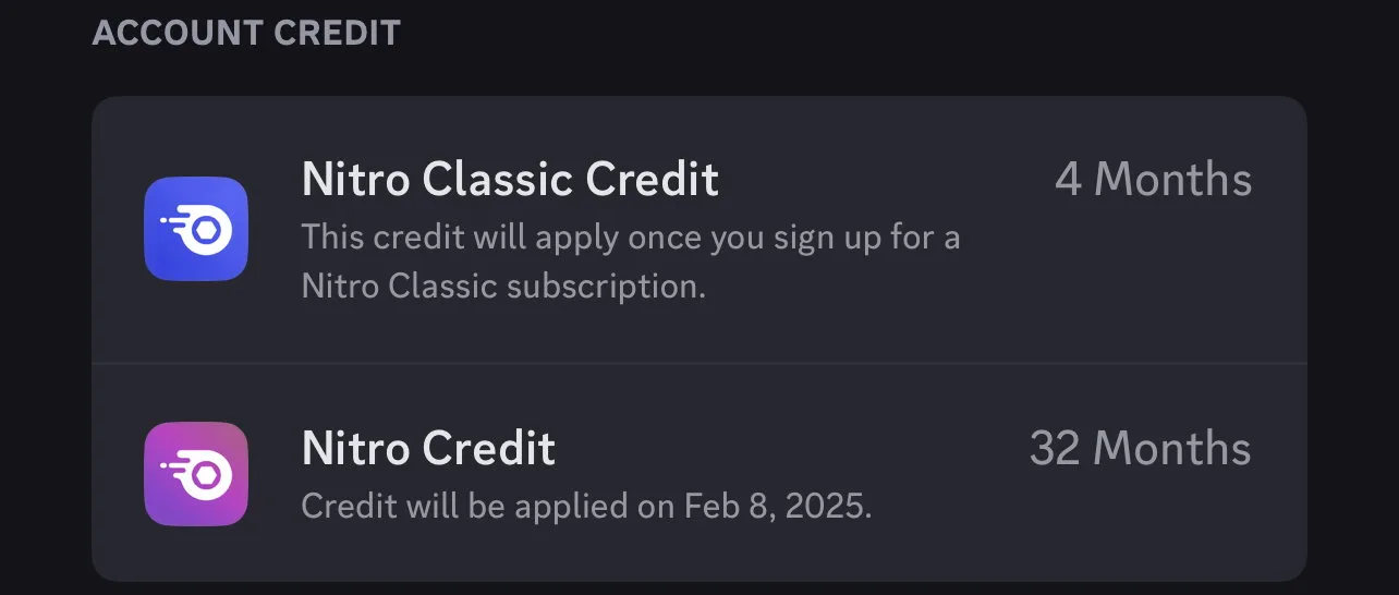 Discord Account Credit page showing Nitro Credit of 32 months and Nitro Classic Credit of 4 months