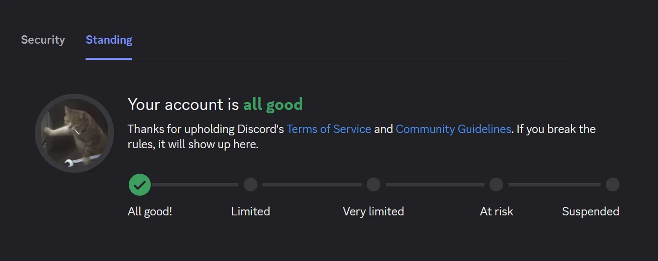 Discord account Standing page reading 'Your account is all good' on the All good / Limited / Very limited / At risk / Suspended scale