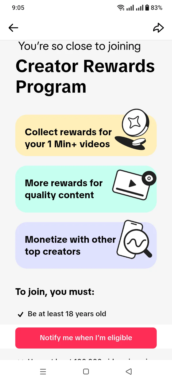 TikTok Creator Rewards Program page in the not-yet-eligible state, showing 'Notify me when I'm eligible'