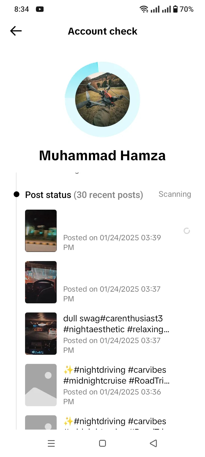 TikTok account check listing 30 recent posts, most recent January 2025, night-driving and car content