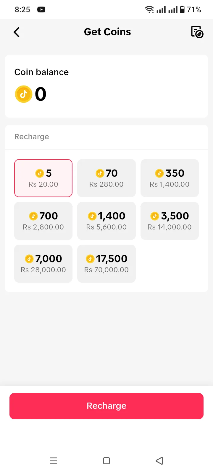 TikTok Get Coins screen showing a coin balance of 0 with recharge tiers priced in rupees