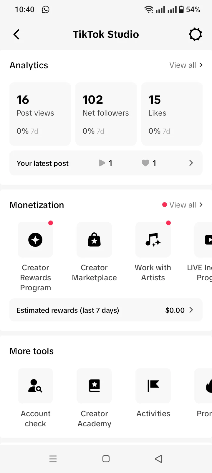 TikTok Studio analytics showing 16 post views, 102 net followers, 15 likes and $0.00 estimated rewards