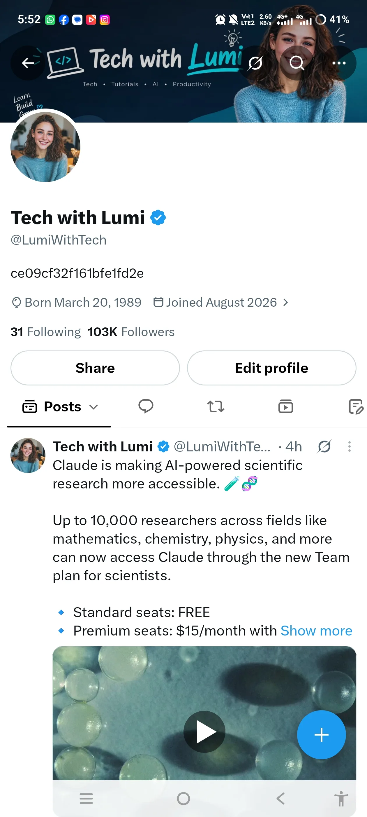 X profile @LumiWithTech showing 103K followers and a Joined August 2026 date